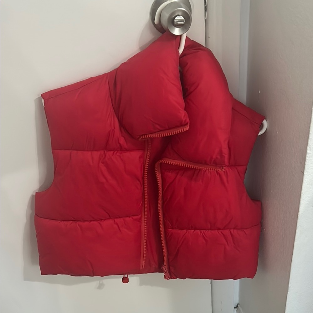 Red Quilted Puffer Vest with High Collar